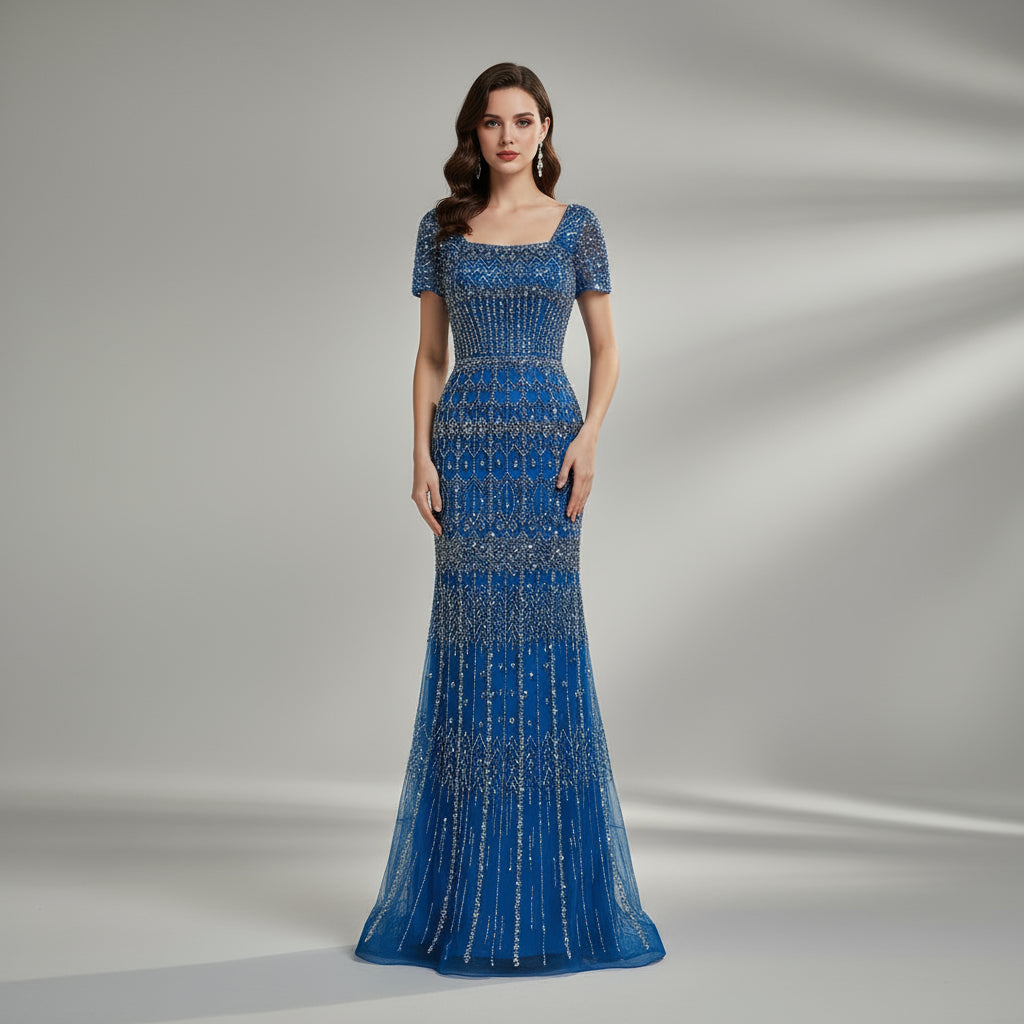 Vestido de noche de sirena de lujo blanco árabe de Dubái con mangas casquillo LA72714