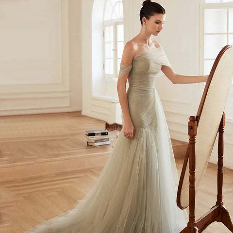 Mint Green Off Shoulder Tulle Evening Gown with Layered Skirt for Formal Occasion LA72899 2025