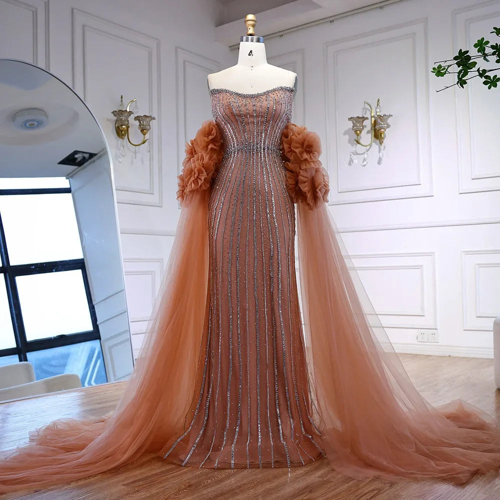 Luxury Pink Beaded Mermaid  Arabic Evening Dress with Cape LA73019