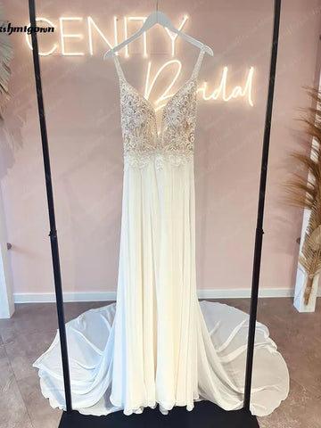 Baoleely – Robe de mariée bohème luxueuse en mousseline de soie, coupe trapèze, blanche cassée, avec dentelle et perles, été 2025