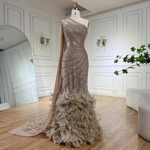 Robe de soirée sirène asymétrique turquoise plume avec cape LA72399