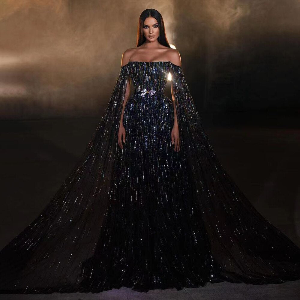 Black A Line Sexy Strapless Cape Sleeves Luxury Crystal Beaded Evening Dresses Gowns For Women Party 2025 LA71824