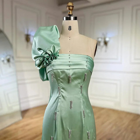Robe de soirée de luxe à une épaule vert sauge avec cape et cristaux, style Dubaï, pour mariage, LA72412 