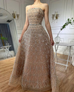 Vestido de noche largo, elegante, sin tirantes, con cuentas, corte en A, color gris árabe, modelo LA72755 (2025) 