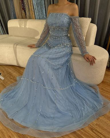 Dubai Arabic Sage Green Mermaid Luxury Evening Gown Strapless Beaded Party Dress for Women's Wedding 2025 LA72350