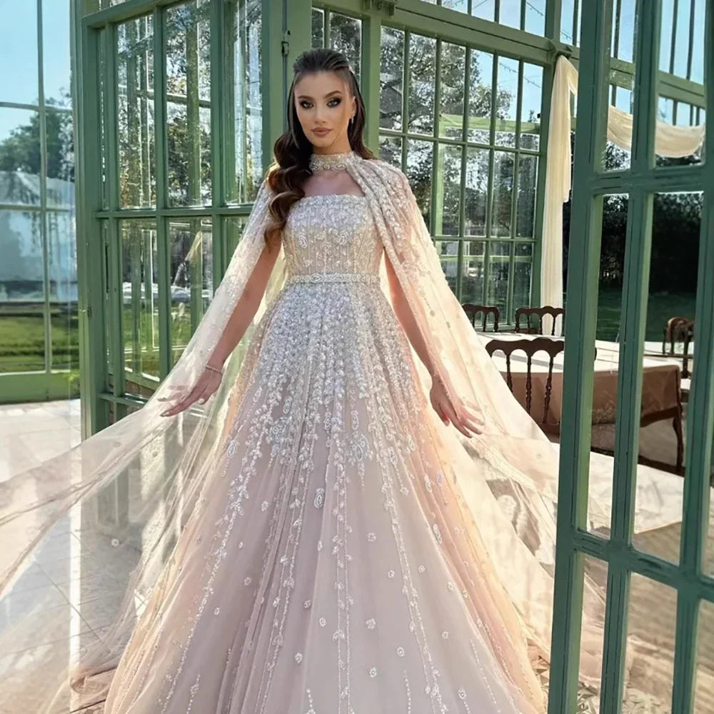 Saudi Arabia Nude Square Neck Elegant A-Line Evening Dress Beaded for Formal Occasion LA72835