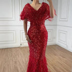 Luxury Arabic Red Mermaid Evening Dress with Feathers Beaded LA71323A
