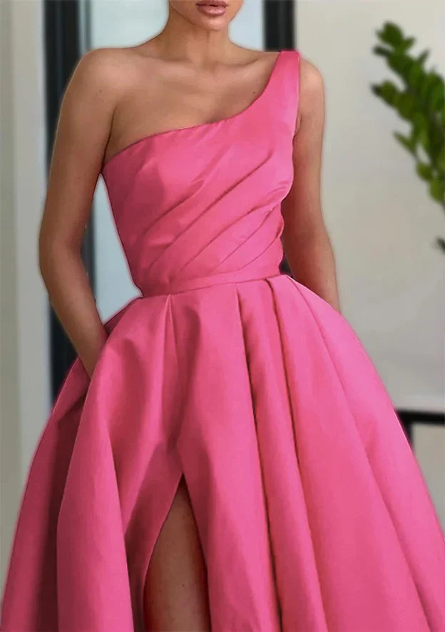 Vestido de fiesta largo hasta el suelo de satén rosa árabe, corte en A, un solo hombro, abertura, volantes y bolsillos, modelo LA72683 