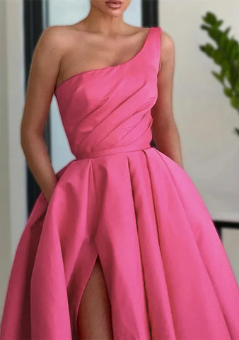 Vestido de fiesta largo hasta el suelo de satén rosa árabe, corte en A, un solo hombro, abertura, volantes y bolsillos, modelo LA72683 