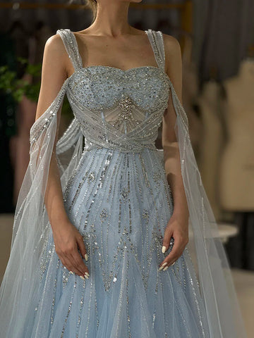 Robe de soirée trapèze rose à bretelles spaghetti et perles, avec manches cape, pour une occasion formelle, LA72726 