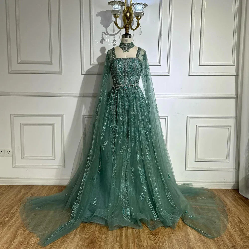 Vestido de noche de lujo saudí LA72764, corte A, manga capa, con cuentas de cristal, estilo árabe, color nude, ideal para ocasiones formales (modelo 2025).