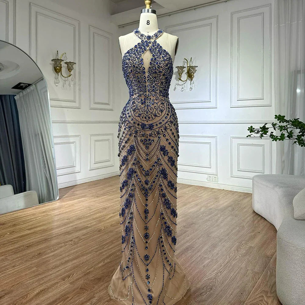 Vestido de noche elegante azul estilo saudí con cuello halter y cuentas de cristal para ocasiones formales LA72760 (modelo 2025) 