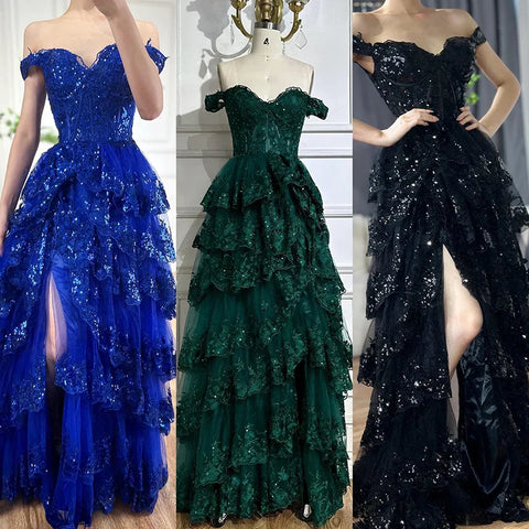 Arabic Black High Split Spaghetti Strap A Line Lace Beaded  Evening Dresses Gowns For Women Wedding Party LA72586