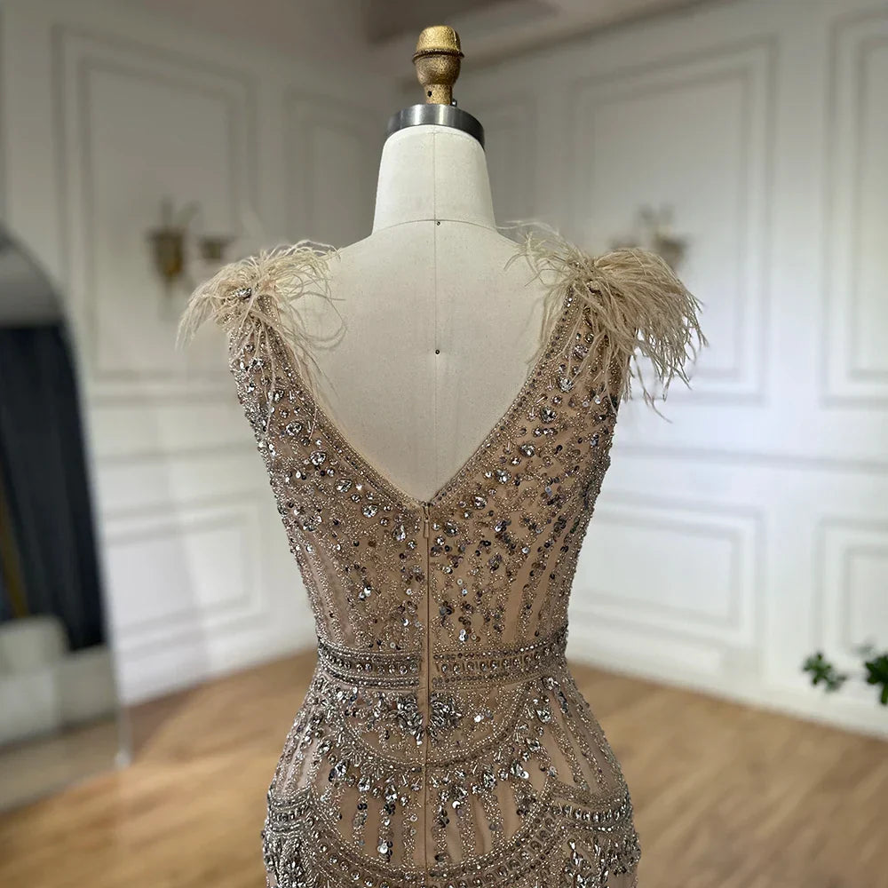 Vestido largo de noche estilo sirena con abertura lateral, elegante, azul árabe, con cuentas y plumas, ideal para ocasiones formales (LA72742) 