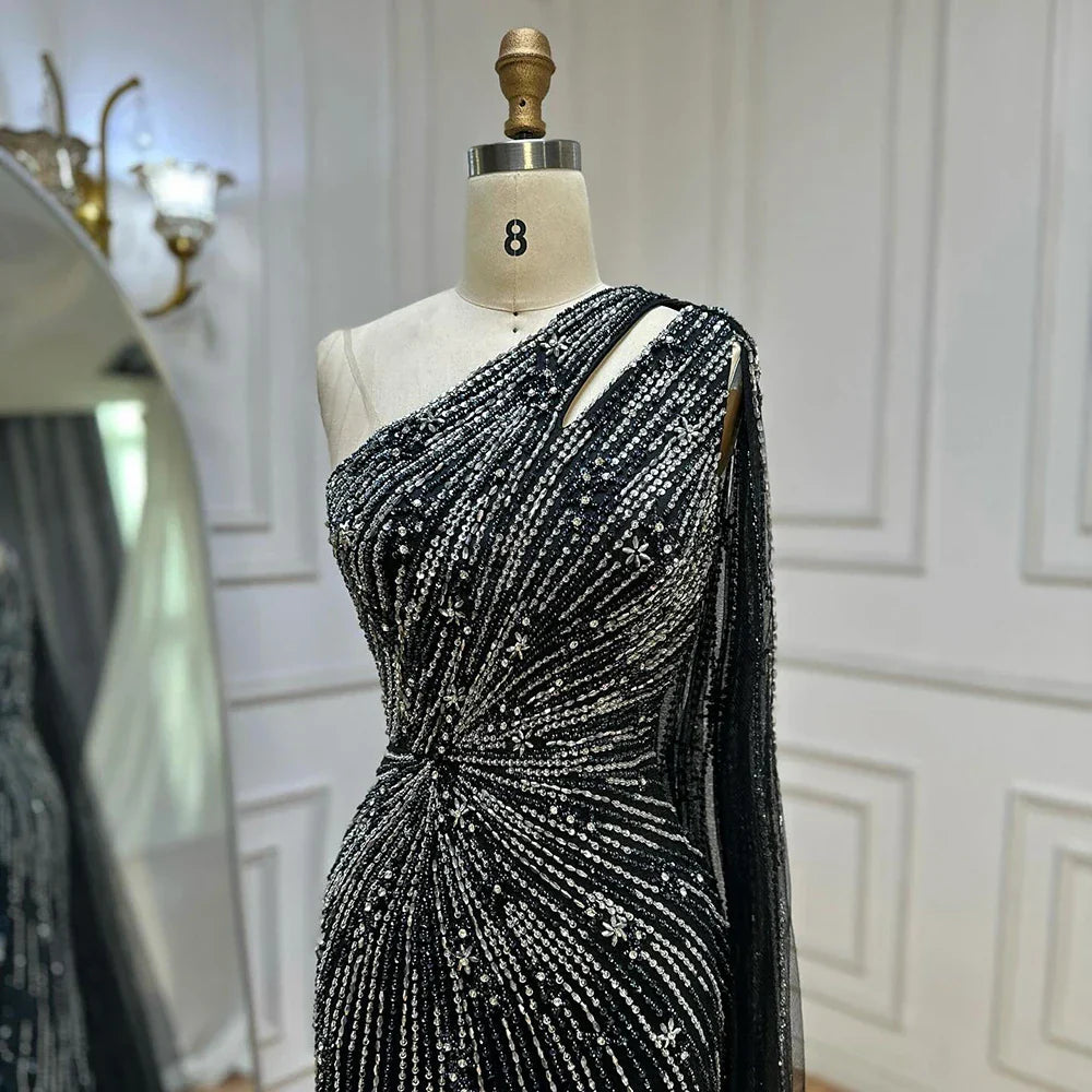Vestido de noche de sirena con abertura alta y un solo hombro, con cuentas, estilo saudí, color negro, para ocasiones formales LA72829 