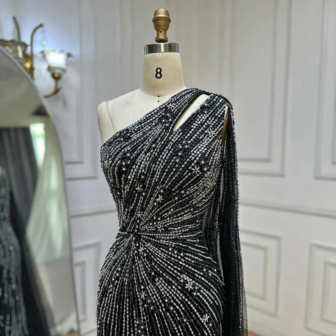 Robe de soirée sirène noire saoudienne à une épaule et fente haute, avec perles, pour une occasion formelle, LA72829, 2025 
