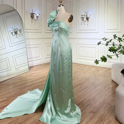 Robe de soirée de luxe à une épaule vert sauge avec cape et cristaux, style Dubaï, pour mariage, LA72412 