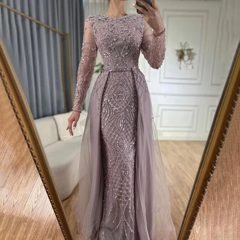 Muslim Silver Nude Mermaid Gown with Detachable Overskirt Beaded Evening Dress for Women Wedding Party 2025 LA71919