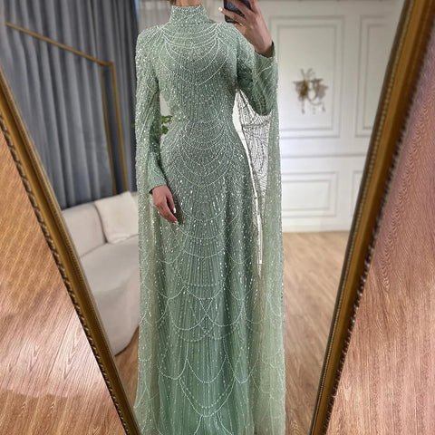 2025 Muslim Nude Mermaid Cape Sleeves Luxury Dubai Evening Gown Pearls Beaded Dress for Women's Party LA72591 Plush Size