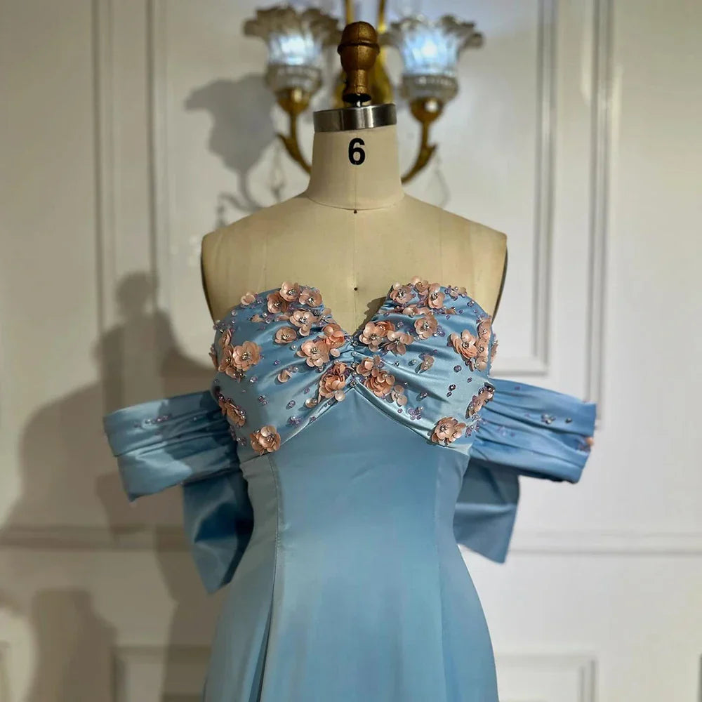 Vestido de noche árabe azul sin tirantes con cuentas, corte en A, estilo saudí, para ocasiones formales LA72792 
