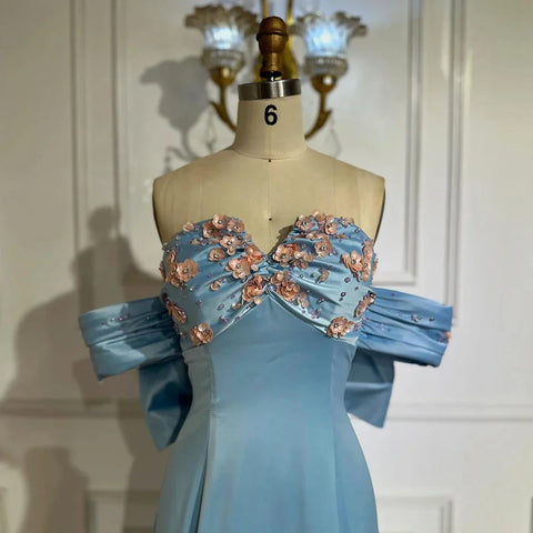 Vestido de noche árabe azul sin tirantes con cuentas, corte en A, estilo saudí, para ocasiones formales LA72792 