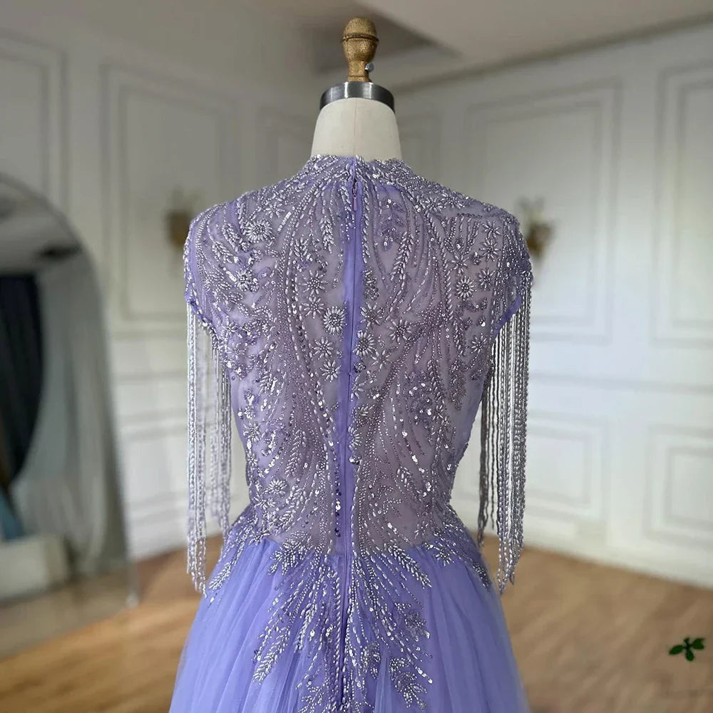 Vestido de noche de lujo de Dubái, corte en A, elegante, color lila árabe, con borlas y cuentas, modelo LA72422 (2025). 