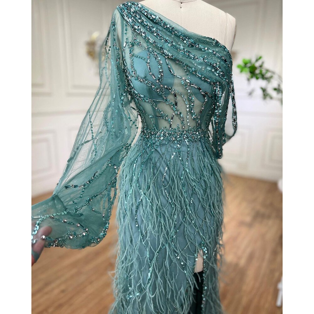 Dubai Eine Shouder Wein Roten Abendkleid Kleider Feder Split Perlen Luxus Meerjungfrau Formale Kleid 2025 LA70513