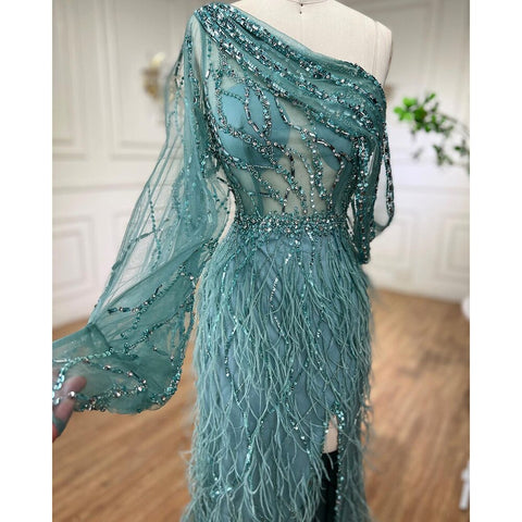 Dubai Eine Shouder Wein Roten Abendkleid Kleider Feder Split Perlen Luxus Meerjungfrau Formale Kleid 2025 LA70513 