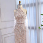 Luxury Lace Pearls Halter Mermaid Evening Dress With Glove White Nude LA72345F