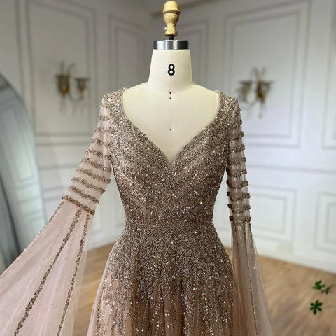 Robe de soirée longue élégante style trapèze, couleur caramel, avec perles et manches cape, pour une occasion spéciale, LA72750 