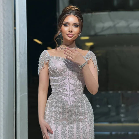 Pink Elegant Mermaid Beaded Evening Dress Gown LA72787