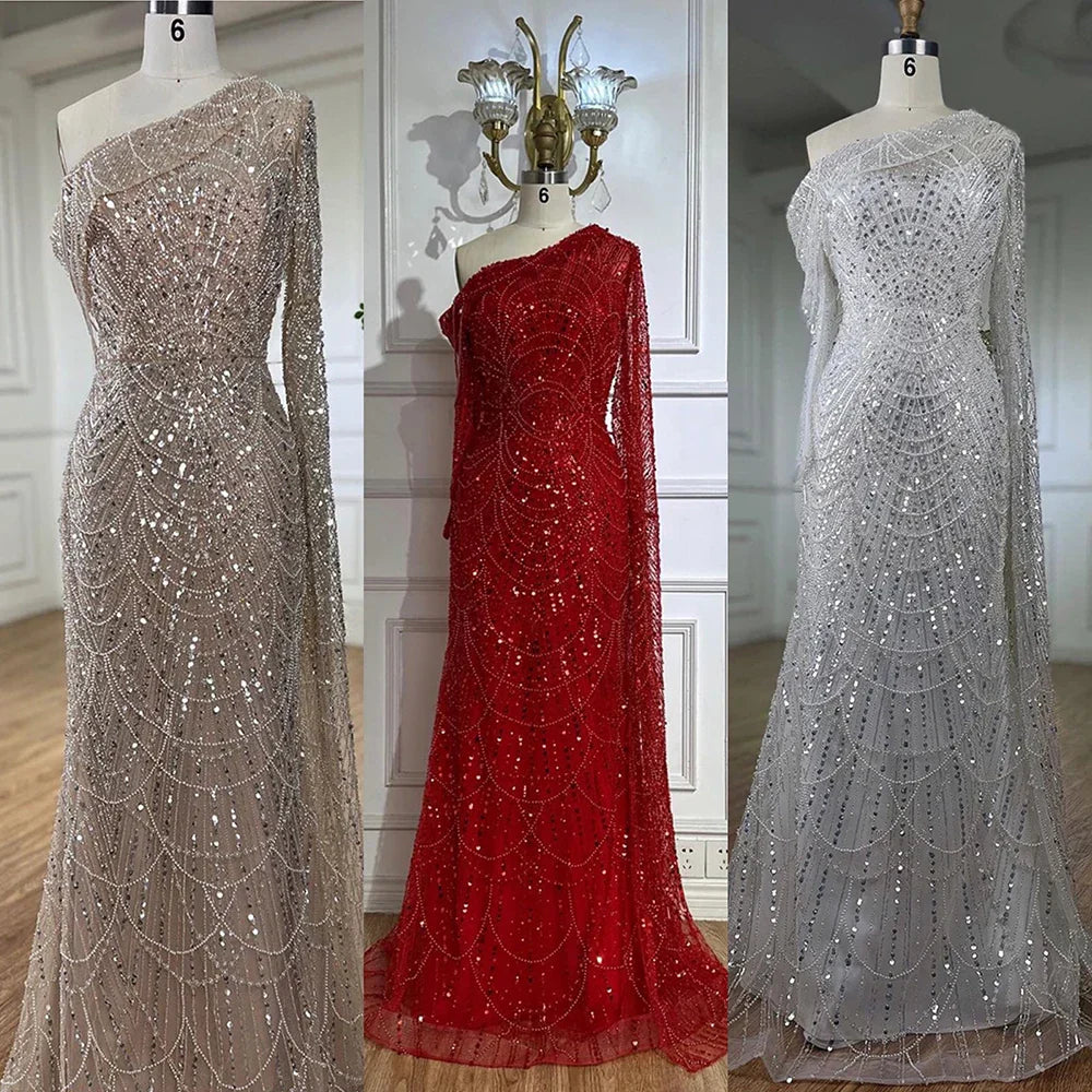 Nude Mermaid One Shoulder Pearls Beaded Luxury Evening Dress Gown LA72139
