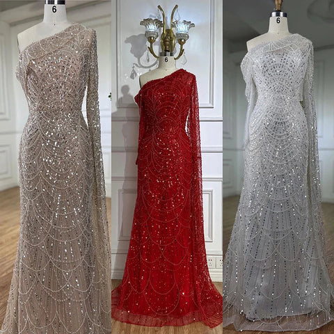 Nude Mermaid One Shoulder Pearls Beaded Luxury Evening Dress Gown LA72139