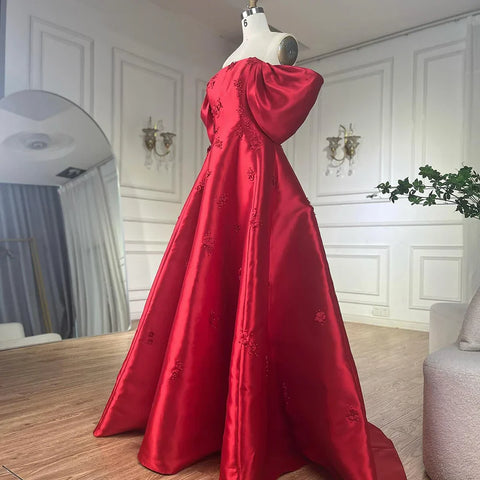 Elegante vestido de noche rojo con hombros descubiertos y flores 3D LA72778