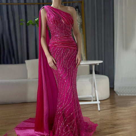 Blue Mermaid One Shoulder Elegant Cape Sleeve Beaded Luxury Evening Dresses Gowns For Women Party 2025 LA72323
