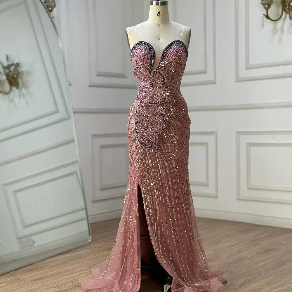 Vestido de noche de sirena rosa sin tirantes con abertura alta para ocasiones formales LA72480 (modelo saudí 2025) 