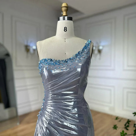 Vestido de noche de lujo de Dubái, elegante, plateado, de un solo hombro, con cuentas, corte sirena y abertura lateral, para fiestas de mujer LA72672 