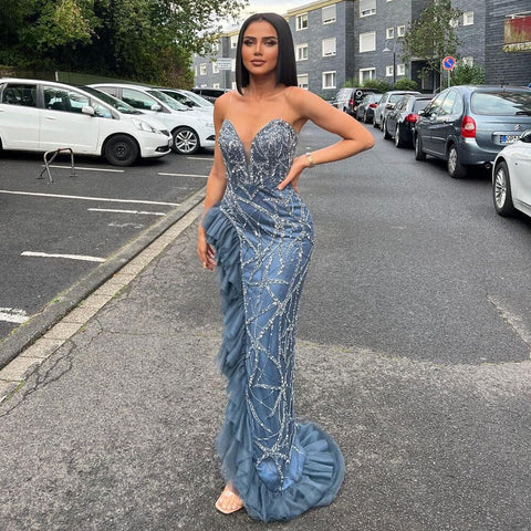 Vestido de noche árabe elegante, sexy, azul, sin tirantes, de sirena, de lujo, con cuentas, para mujer, fiesta, LA71760 
