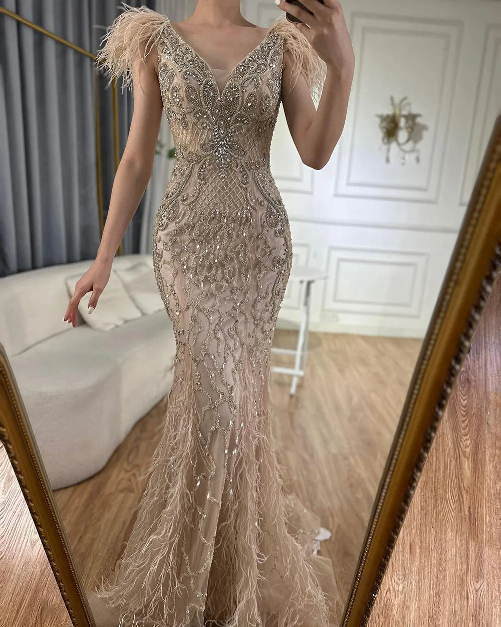 Champagne Mermaid Elegant Evening Dresses Diamond Feathers Sleeveless Formal Luxury Beaded 2025 LA70350