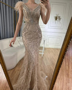 Champagne Mermaid Elegant Evening Dresses Diamond Feathers Sleeveless Formal Luxury Beaded 2025 LA70350