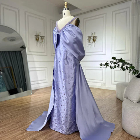 Robe de soirée lilas à épaules dénudées et cape ornée de perles, tenue de soirée de mariage LA72529
