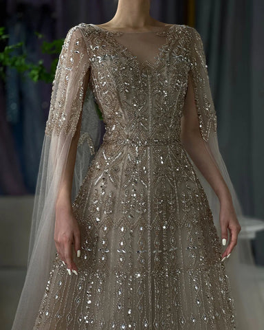 Vestido de noche azul de lujo con mangas tipo capa LA72666