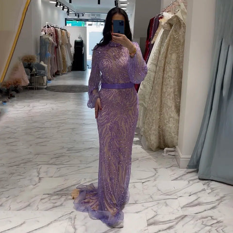Robe de soirée sirène violette à col montant et manches bouffantes, élégante et perlée, pour femme, modèle LA71815, 2025 