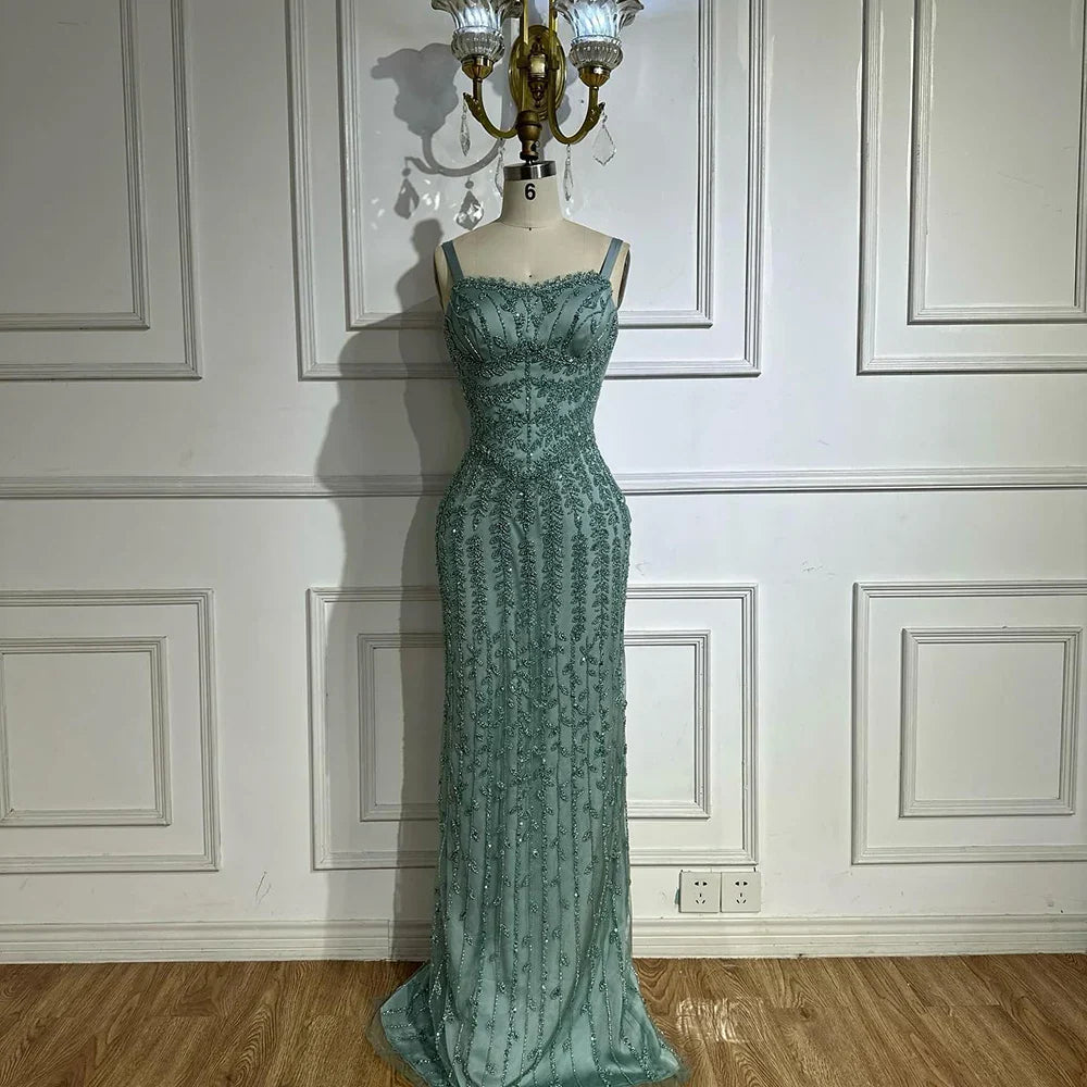 Vestido de noche de sirena azul árabe con tirantes finos, lujoso vestido de noche saudí con cuentas para ocasiones formales LA72725 