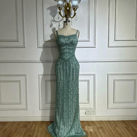 Robe de soirée sirène bleu arabe à bretelles spaghetti, luxueuse robe de soirée saoudienne perlée pour une occasion formelle, LA72725 