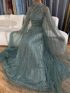Vestido de noche de lujo saudí LA72306B, corte en A, manga capa, con cuentas, color caramelo árabe, modelo 2025. Ideal para ocasiones formales. 