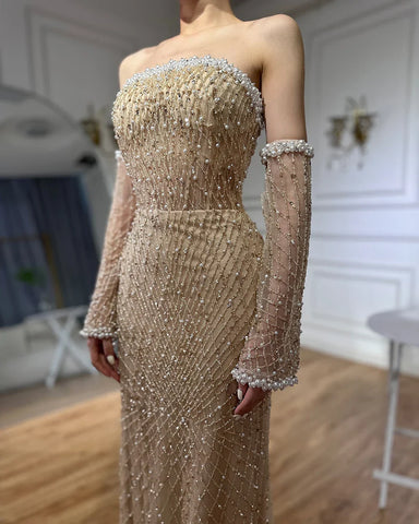 Vestido de noche árabe blanco nude elegante sin tirantes con cuentas y guantes para ocasiones formales LA72649 