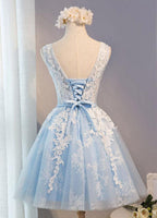 Robe de soirée courte en tulle à col rond avec applications de dentelle PG137