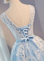 Robe de soirée courte en tulle à col rond avec applications de dentelle PG137