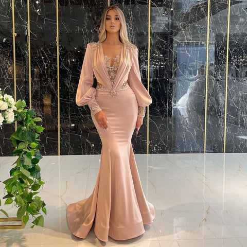 Muslim Rose Mermaid Evening Dresses Gowns 2025 Luxury Beaded Elegant Satin For Women Party LA71511